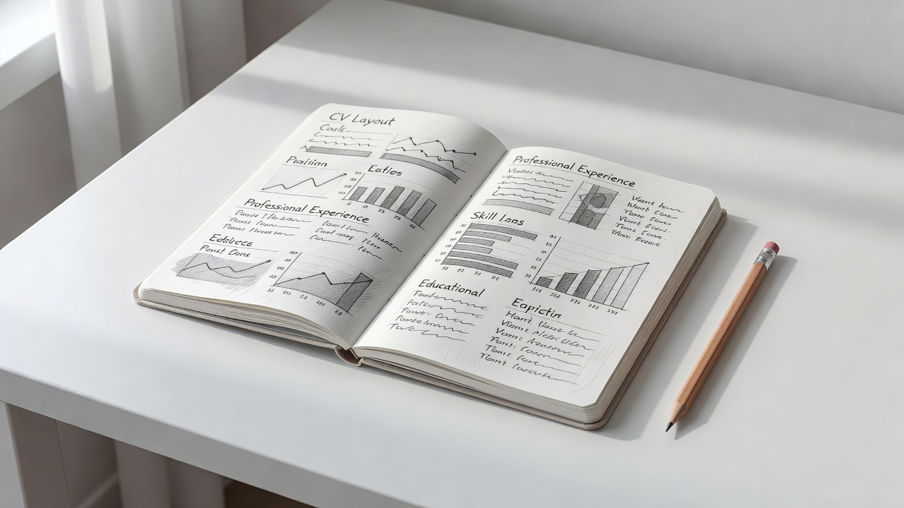 Soft-lit 3D CV pages, pencil and open notebook arranged on a white workspace