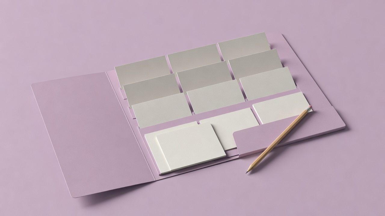 Soft-lit 3D portfolio folder with organized case-study cards and a pencil on a lilac background