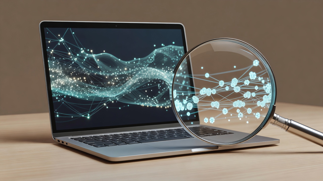 Soft-lit 3D laptop and magnifying glass representing careful remote-job research