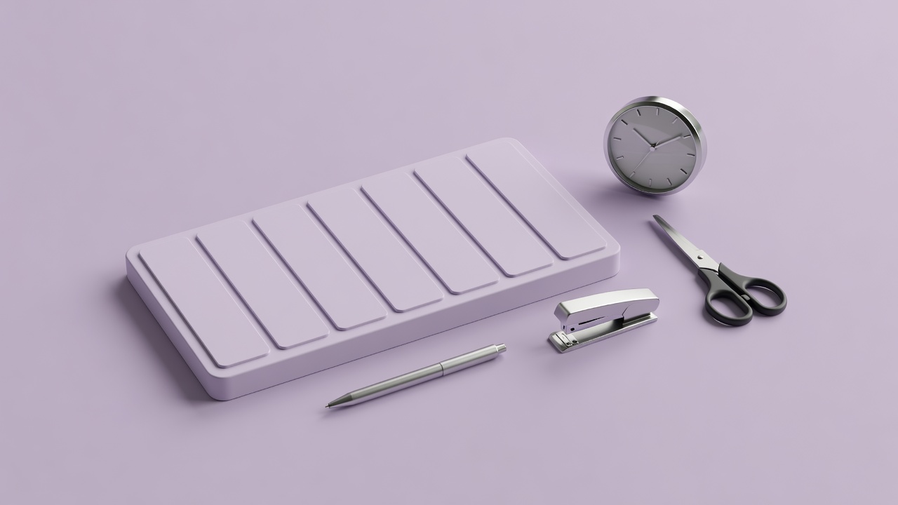 Soft-lit 3D weekly calendar, small clock and desk tools on a plain lilac surface